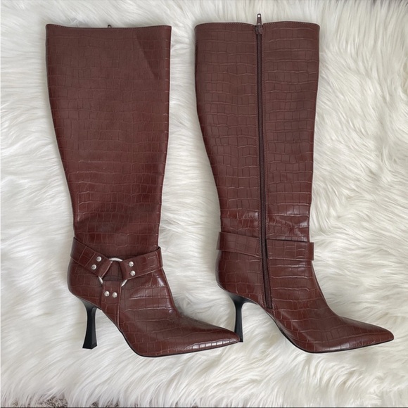 Forever 21 Shoes - Brown croc patent leather point toe heeled boots